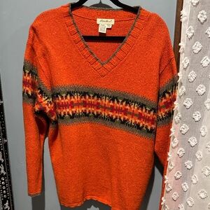 LL BEAN Women’s  Orange V-Neck Sweater with Multicolor Stripe